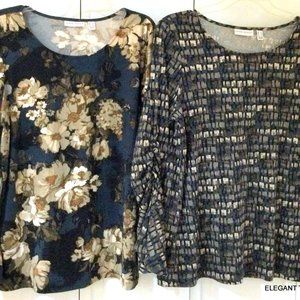 Susan Graver Brushed Knit Top Large Ruched Bell LS Blue Tan Blouse A343073 LOT